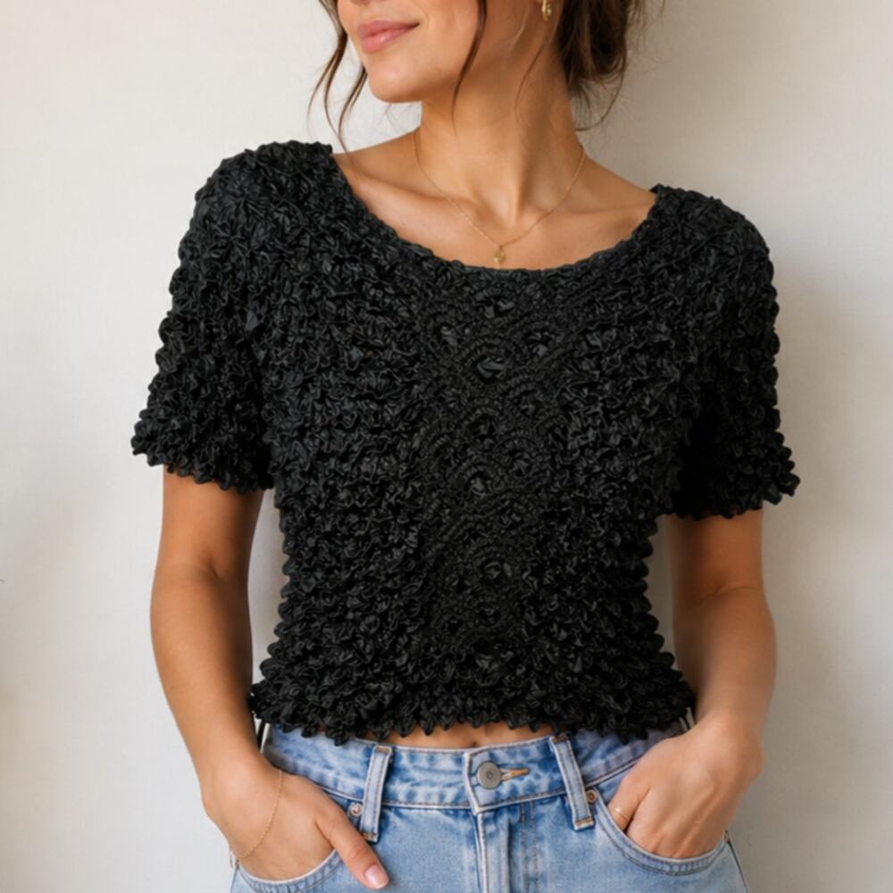 Vintage Popcorn Pucker Top Women's Size OS Fits Most Black Casual Boho Retro